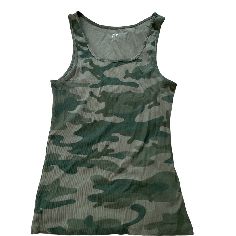 Gap Womens Camo Ribbed Tank Top Green Camouflage Scoop Neck Size M